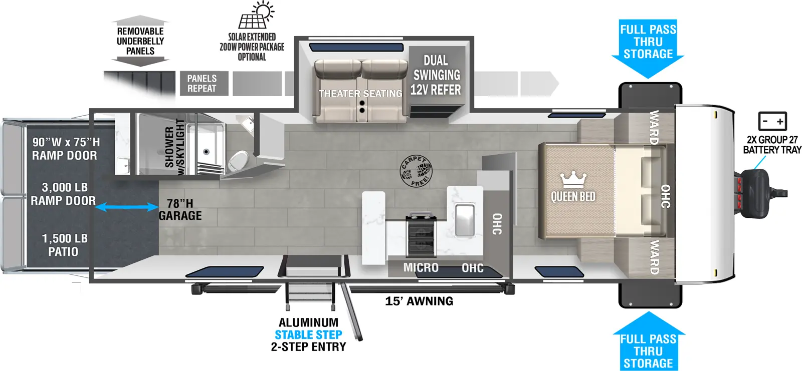 The 262VC has one slideout and one entry. Exterior features removeable underbelly panels, optional solar extended 200W solar package, front pass through storage, 15 foot awning, aluminum stable step 3-step entry, front 2X group 27 battery tray, and rear ramp door. Interior layout front to back: carpet-free RV; queen bed with overhead cabinet, and wardrobes on each side; off-door side slideout with dual swinging 12V refrigerator and tri-fold sofa with queen bed; kitchen counter with sink wraps along inner wall to door side with cooktop, overhead cabinet, and microwave, and countertop peninsula bar top; rear off-door side full bathroom with skylight in shower; rear door side entry and garage area. Garage dimensions: 81 inches garage height; 139 inches from ramp door to kitchen bar top, 53 inches from door side wall to bathroom wall; 3,000 lb 90 inch x 75 inch rear ramp door with 1,500 lb. patio capacity.